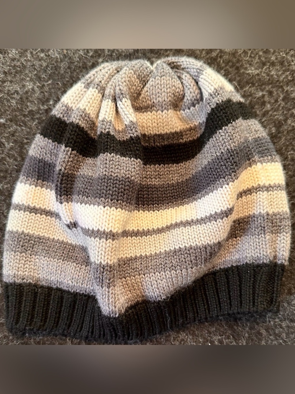 KIDS CATYA BLACK, GRAY & WHITE STRIPED MERINO WOOL BEANIE HAT - SIZE 6